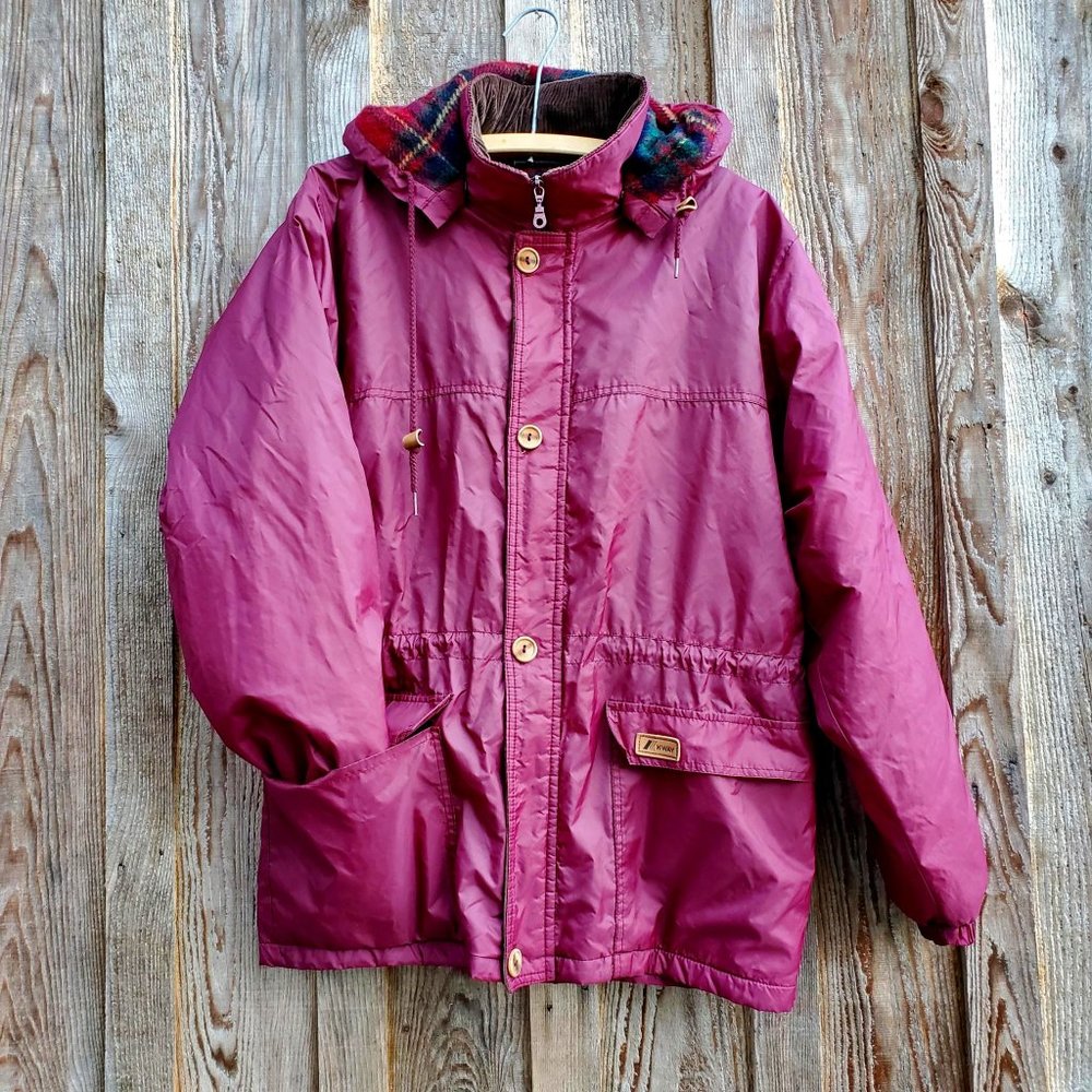 K-Way Vintage Burgundy Lined Hooded Jacket Red Plaid Corduroy